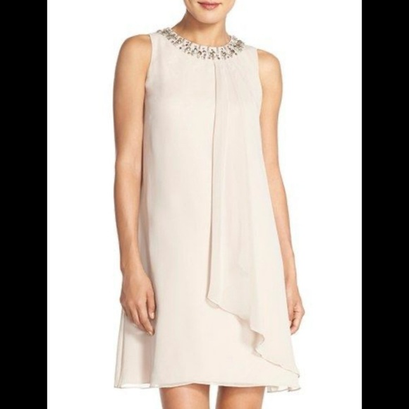 VINCE CAMUTO | Taupe Neck Embellished Chiffon Layered Trapeze Dress Size 10 - Picture 9 of 9